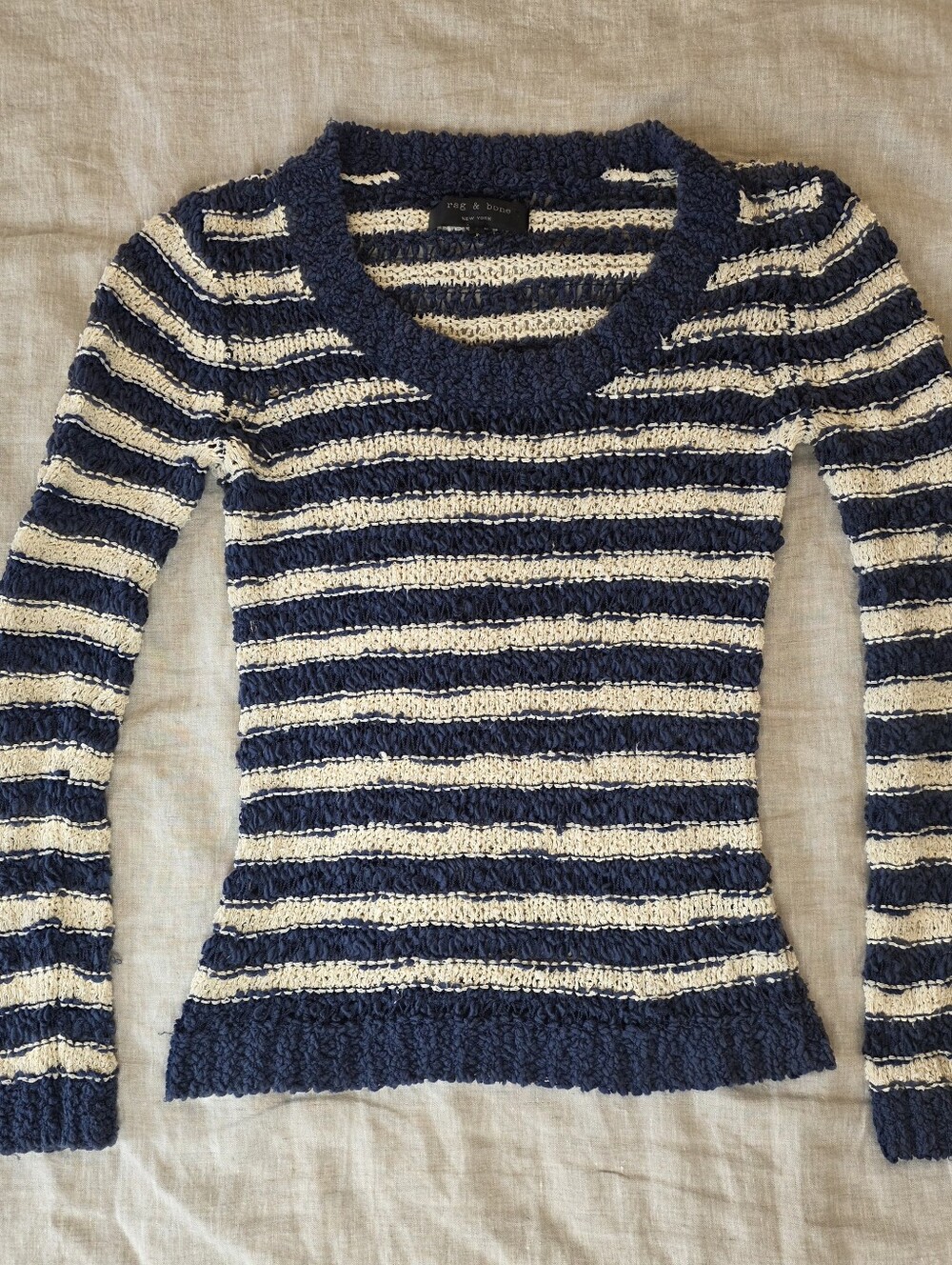 Rag And Bone Stretch Striped Navy and Cream Scoop Neck Sweater SZ S